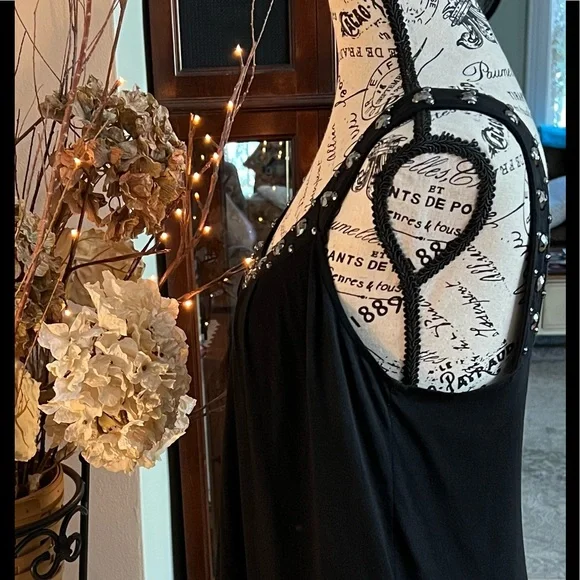 S O L D ❗️💎GORGEOUS Jet Black Blousy EXPRESS Top Black Bejeweled Straps/Neck -M - Picture 7 of 10